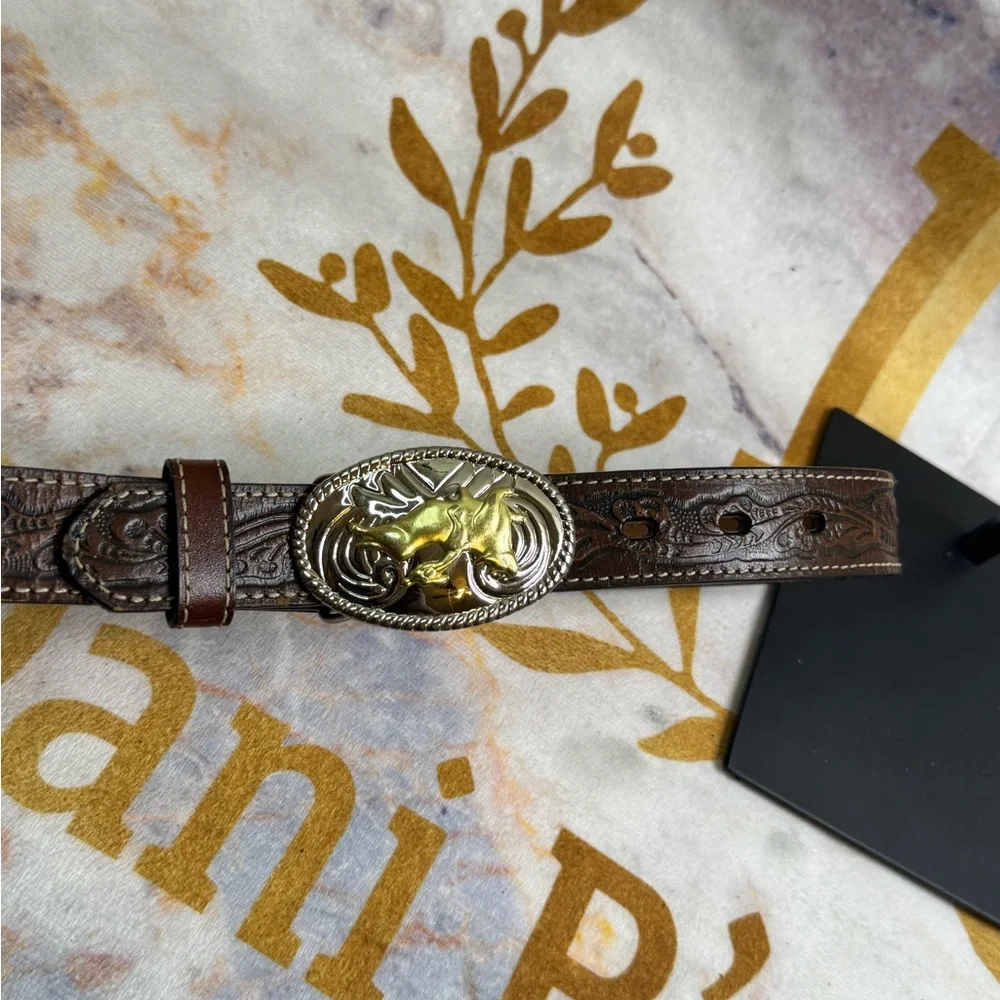 Brown Nocona Leather Belt with Gold and Silver Bullrider Buckle